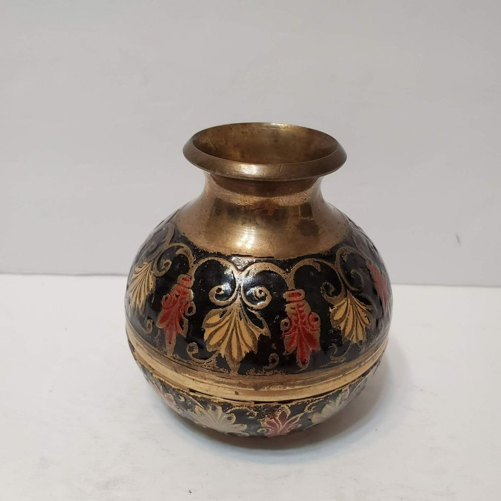 Vintage Painted Etched Brass Vase, India Gold Black Red Swirl Floral design 3.5"